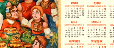 Пейзаж с зелёными холмами, ярким голубым небом и белыми облаками, на переднем плане цветущие цветы и деревья.